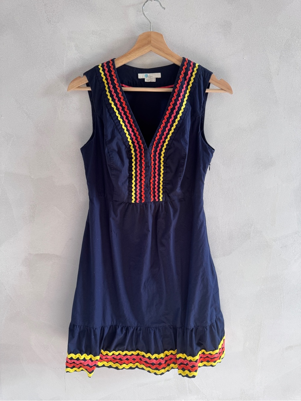 Boden - Sleeveless Navy V-Neck Dress with Multicolor Scalloped Trim